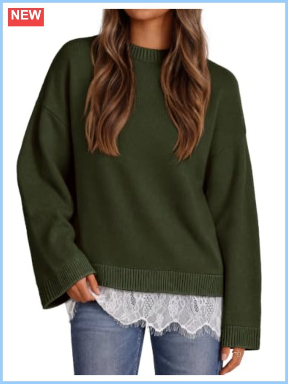 Women's Oversized Lace Sweater Crew Neck Drop Shoulder Long Sleeve Cozy Knit
